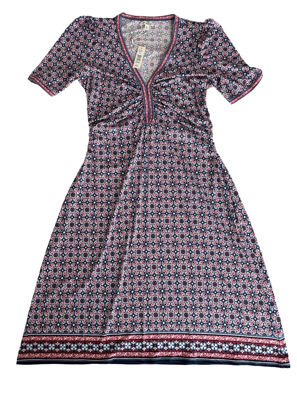 Max Studio NWT Navy Blue Burgundy Patterned Polyester Midi Dress Large Career